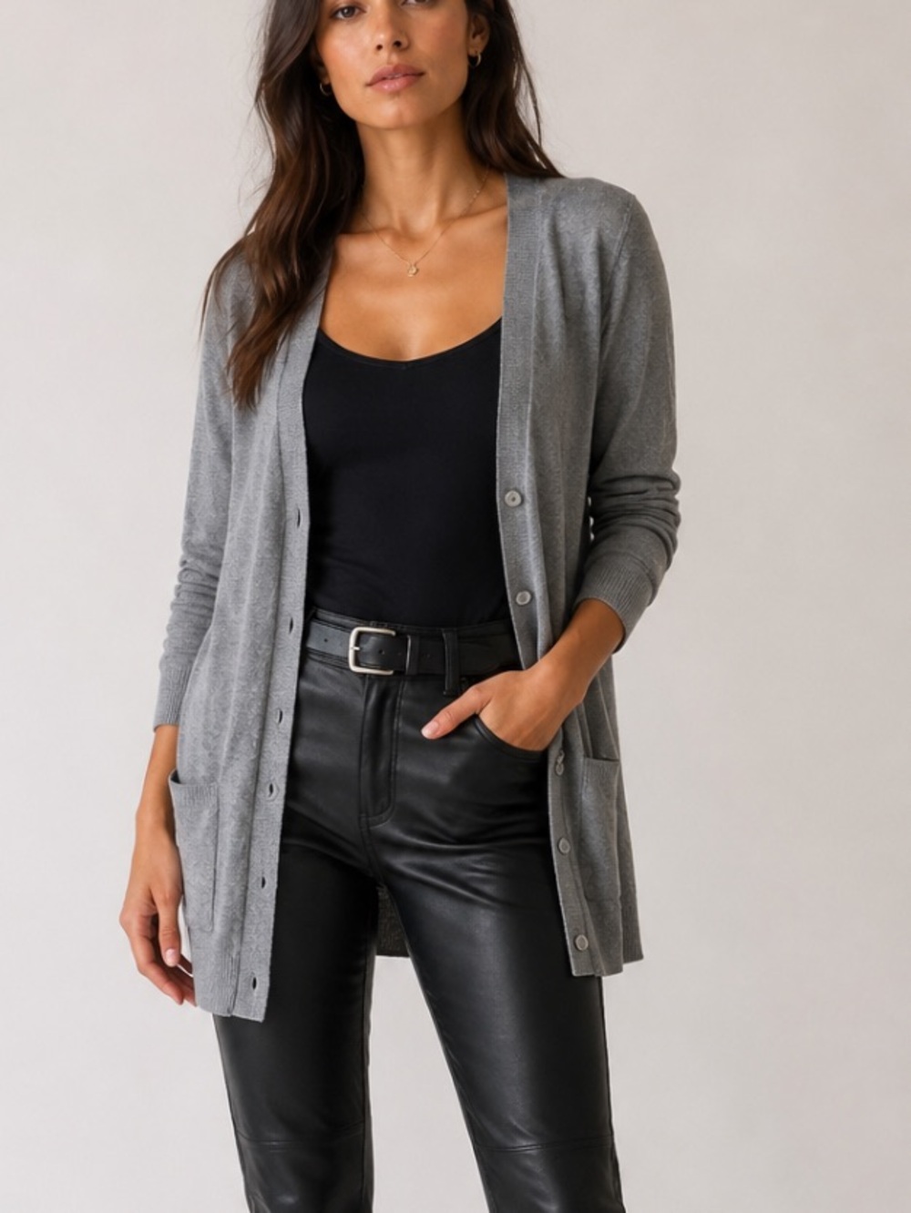 Lumiere | Gray Longline Cardigan Angola Wool Blend Medium Button Up Sweater